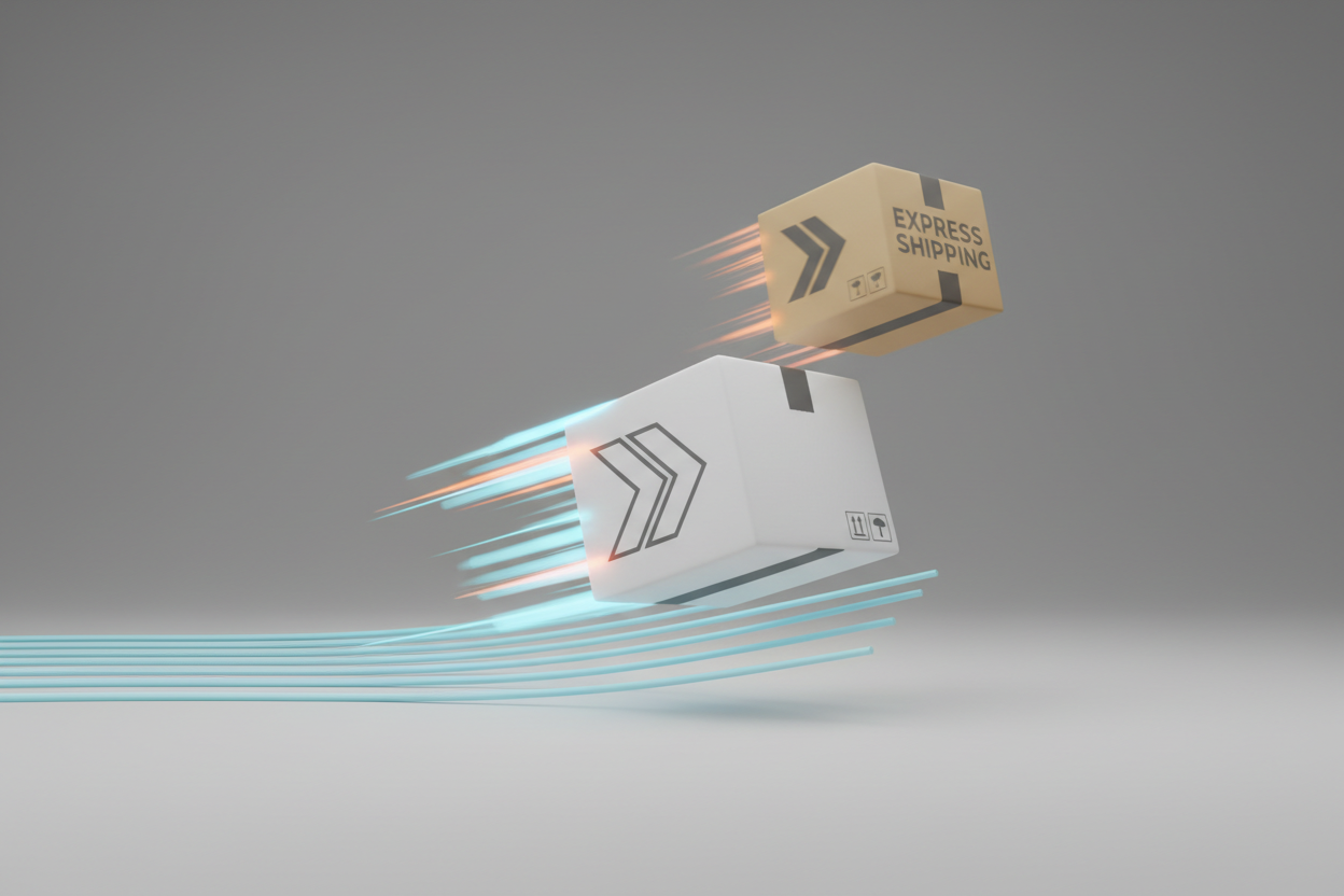 genere une image 3d sur fond gris neutre de expedition rapide sur toutes vos commandes, partout  (sans mention)